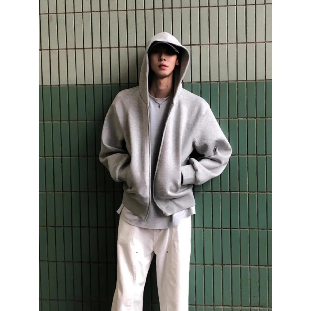 浅灰色重磅400g开衫连帽卫衣男秋冬美式潮牌oversize大码中山外套
