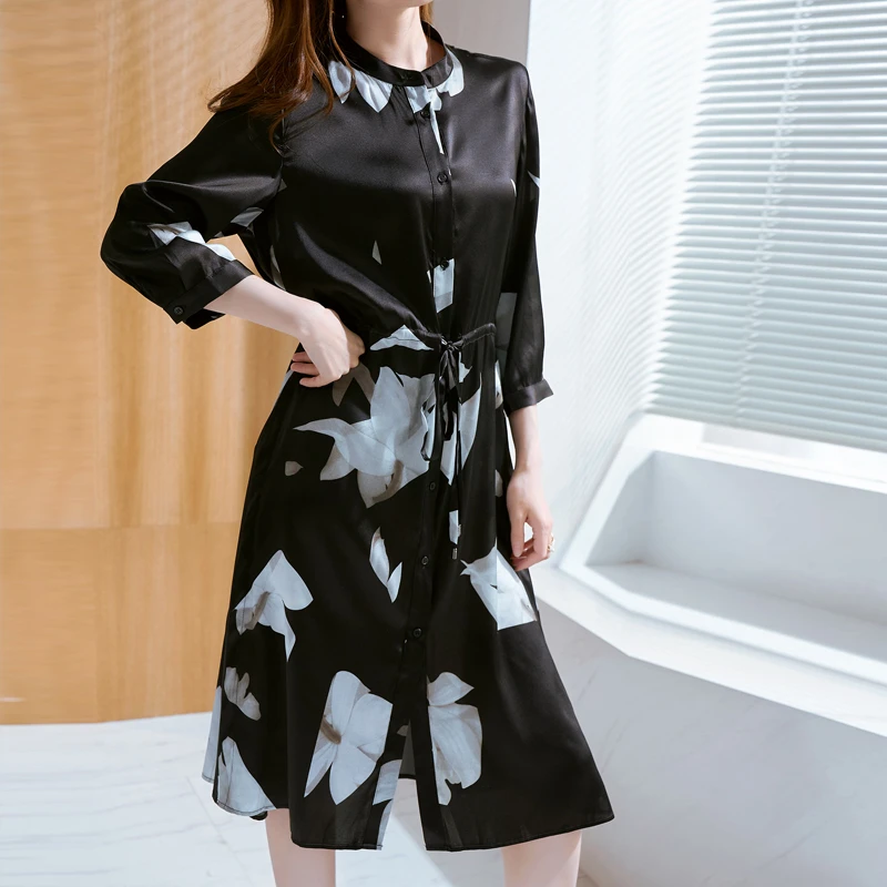 气质真丝连衣裙垂坠飘逸复古浪漫收腰显瘦通勤印花单排扣中长裙