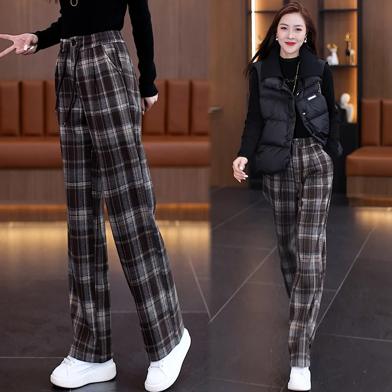 小个子加绒格子裤女士加绒直筒裤秋冬装2024新款高腰保暖阔腿裤子
