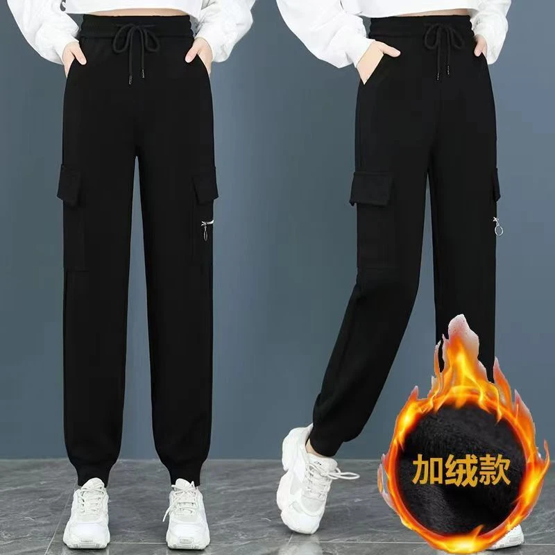 加绒工装裤女2023秋冬新款松紧腰束脚裤显瘦休闲裤宽松高腰哈伦裤