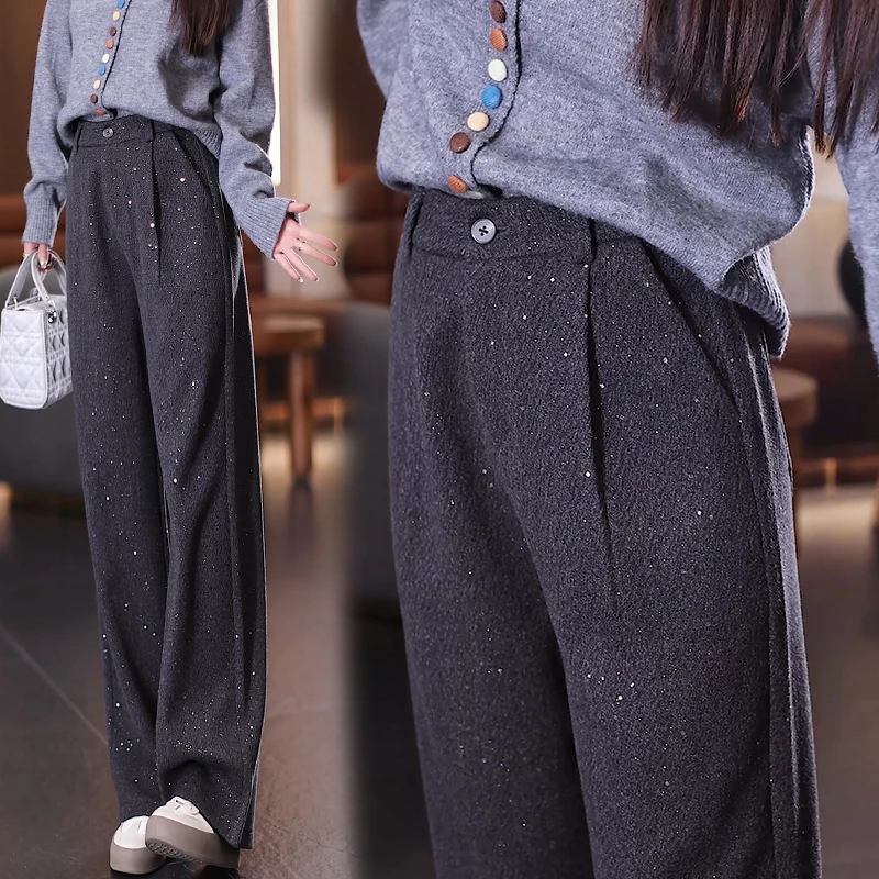 休闲加厚羊毛直筒裤女2024秋冬新款设计感亮片百搭显瘦洋气阔腿裤