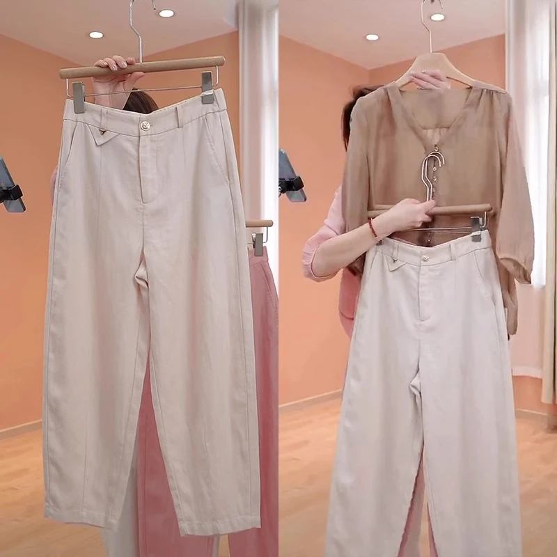九分哈伦裤女2025新款夏季薄款天丝亚麻裤休闲萝卜老爹裤宽松裤子