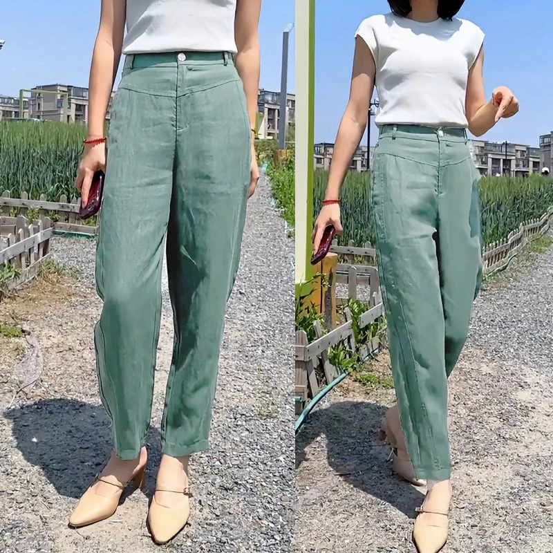天丝亚麻裤子女2024新款休闲哈伦裤夏季薄款高腰小个子九分萝卜裤