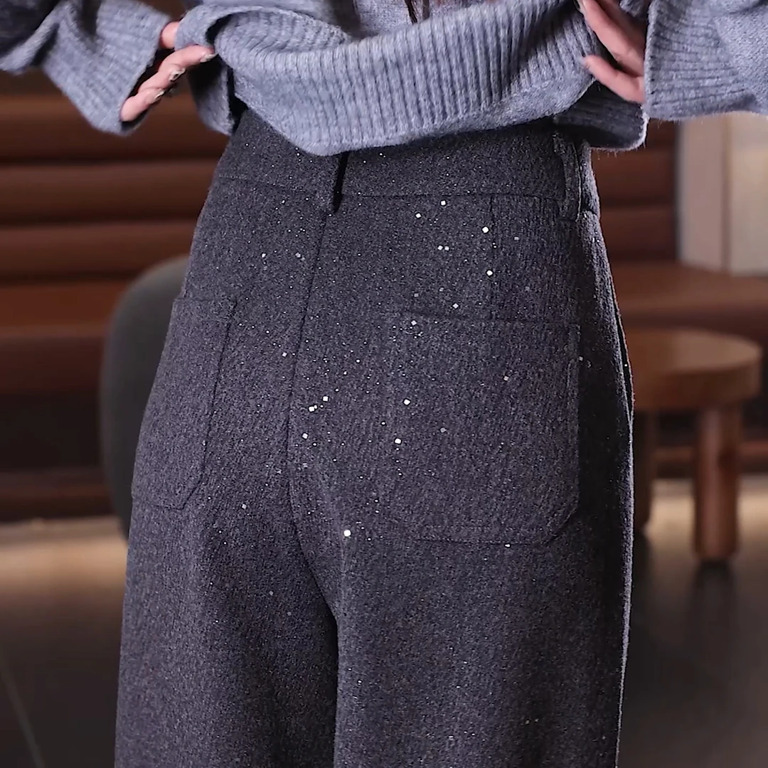 加厚羊毛直筒裤女2024秋冬新款设计感亮片高腰显瘦洋气休闲阔腿裤