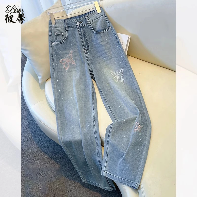 高级烫钻阔腿女款2025秋季新款高腰牛仔裤阔腿裤女款爆款2025新款