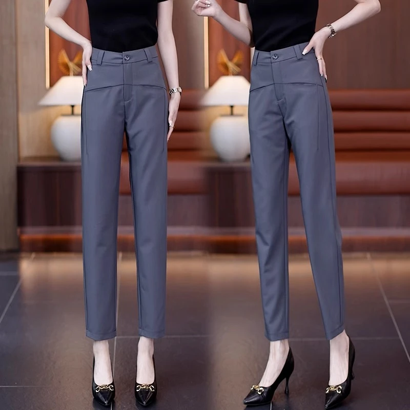 灰色西装直筒裤女薄款2024新款夏季九分哈伦裤垂感休闲裤子镰刀裤