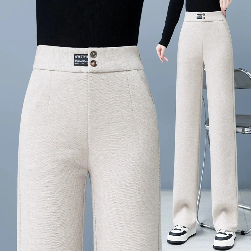 加绒羊毛呢窄版阔腿裤女2023年秋冬季新款松紧高腰休闲垂感直筒裤