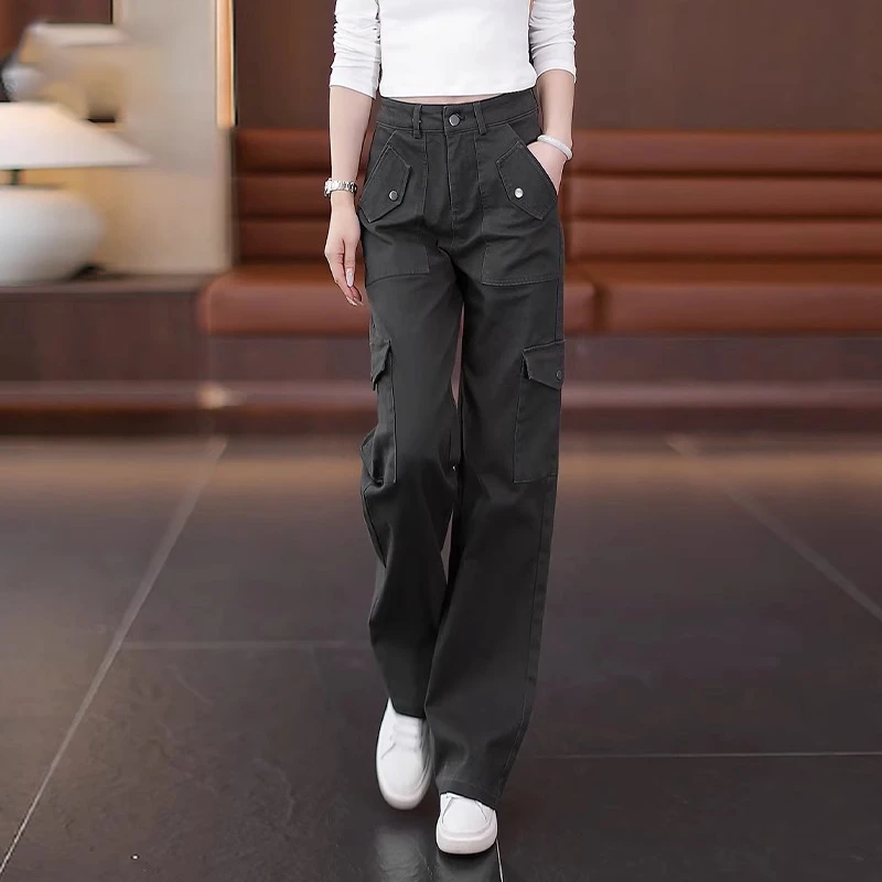 工装裤女春秋季宽松直筒裤2024年新款高腰休闲裤窄版阔腿裤女裤
