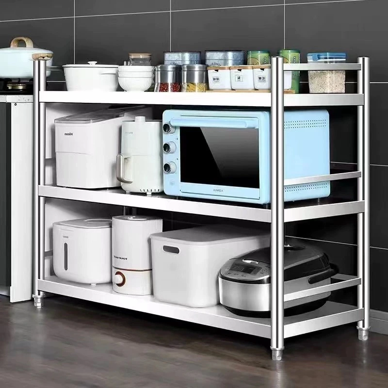 三层不锈钢围栏款厨房置物架多层收纳货架阳台家用微波炉烤箱架子