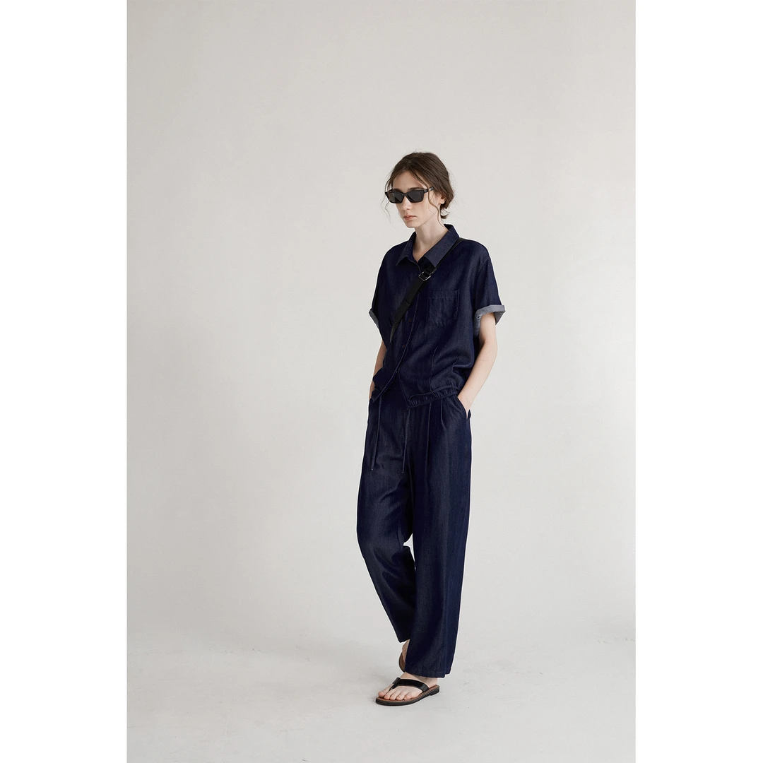 Veega Chic ss设计款女士复古牛仔抽绳短袖上衣/牛仔长裤套装可选