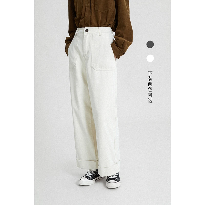 Veega Chic秋冬两色翻边方形口袋简约直筒百搭阔腿休闲长裤
