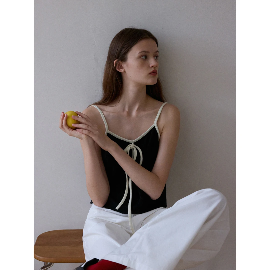 Veega Chic混纱坑条面料 两色系带蝴蝶结装饰撞色细肩带背心吊带