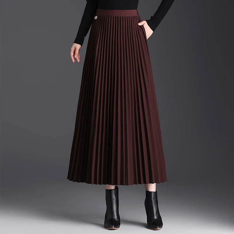 毛呢百褶裙半身裙女秋冬季2024新款高腰A字裙中长垂感显瘦大摆裙