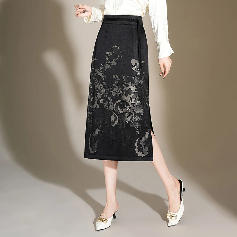 提花包臀裙半身裙女2024春夏新款高腰直筒裙中长款气质开叉一步裙