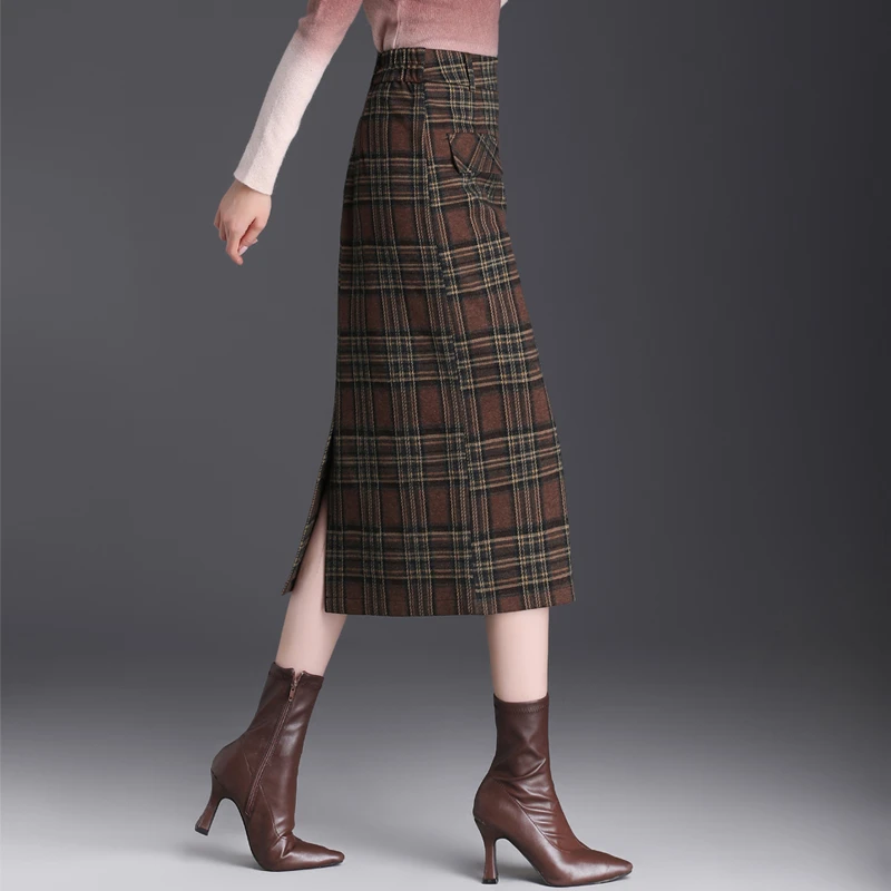 毛呢裙半身裙高档款格子包臀裙2023新款秋冬爆款中长款开叉一步裙