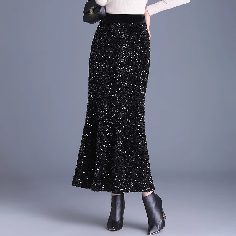 上档次亮片鱼尾裙女春秋包臀长裙子2024新款垂感高个子直筒半身裙