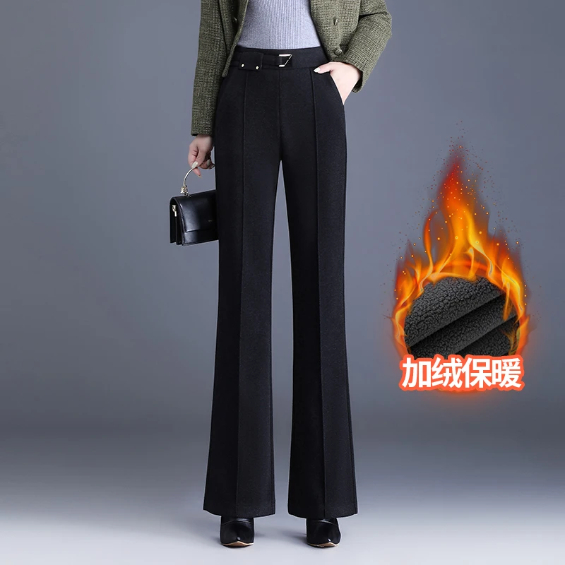 高腰加厚毛呢微喇裤秋冬加绒高贵上档次女裤2023新款垂坠感喇叭裤