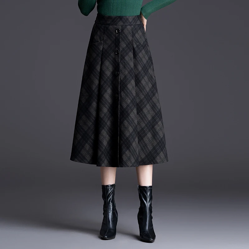 毛呢格子裙高档半身裙女2023新款秋冬款加厚裙子小个子A字加长裙