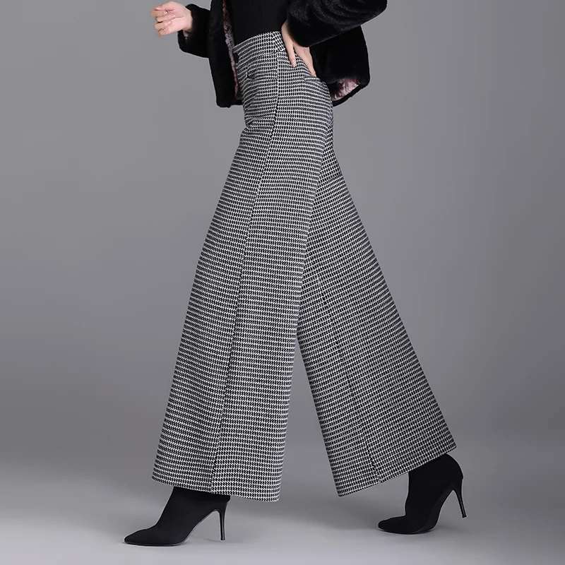 2024冬季新款裤裙条纹毛呢阔腿裤女裤子宽松大码长裤休闲大脚裤裙