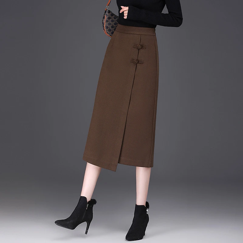毛呢半身裙女2023新款秋冬百搭加厚包臀裙不规则开叉气质一步裙