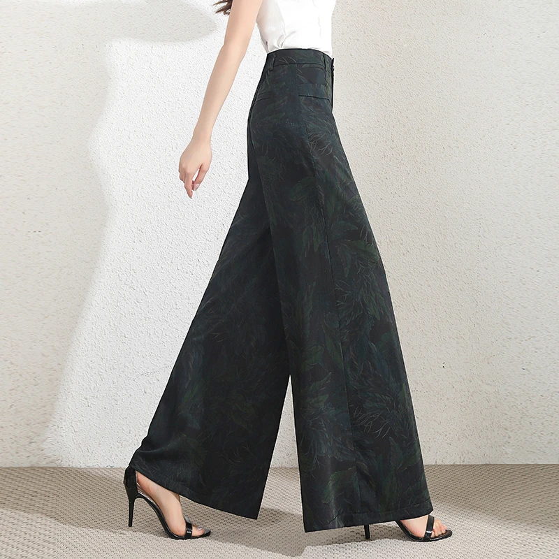 复古国风冰丝阔腿裤新款轻奢休闲裤女夏薄款裙裤宽松裤裙印花长裤