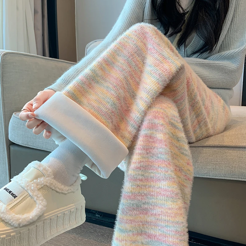 加绒彩虹休闲直筒软糯针织阔腿裤糯米裤女2023秋冬高腰垂感