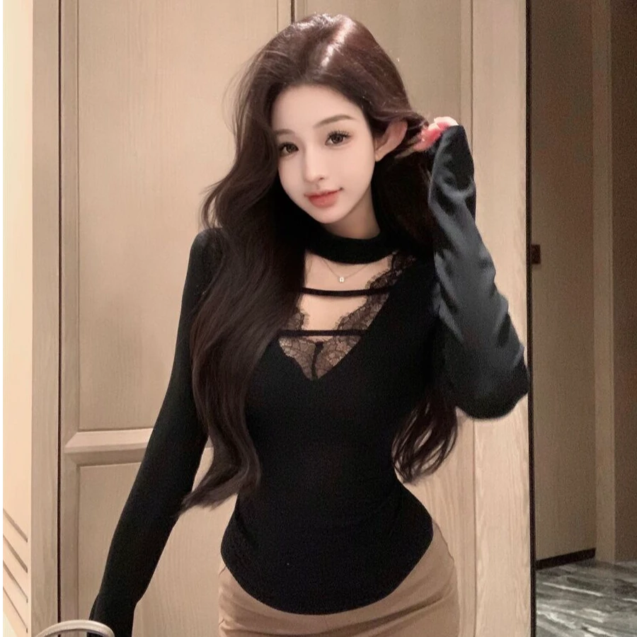 秋冬加绒打底衫女纯欲风蕾丝拼接v领挂脖修身显瘦长袖T恤上衣