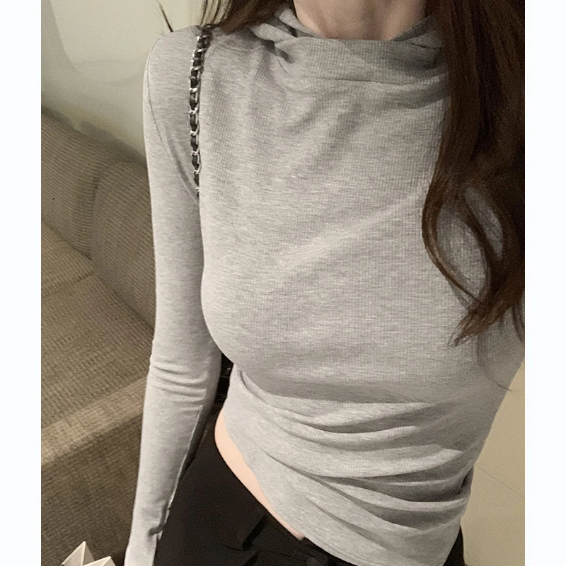 长袖T恤女春秋2024新款打底衫基础款灰色连帽螺纹