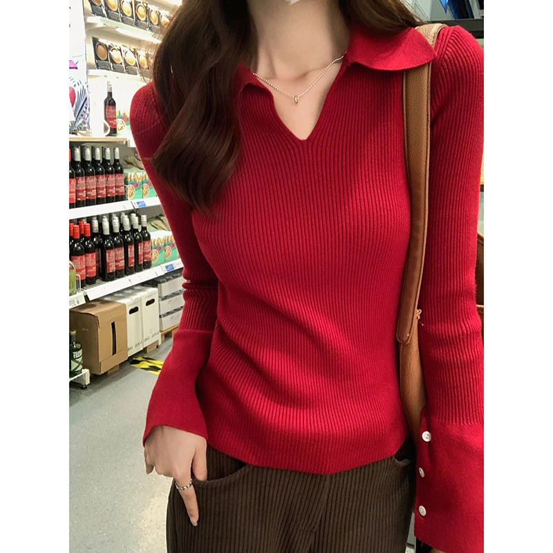 打底衫女春秋Polo翻领红色针织高级感纽扣修身正肩上衣