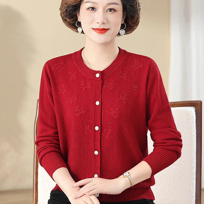 妈妈装春秋针织开衫外搭纯针织衫宽松大码圆领中老年毛衣女短外套