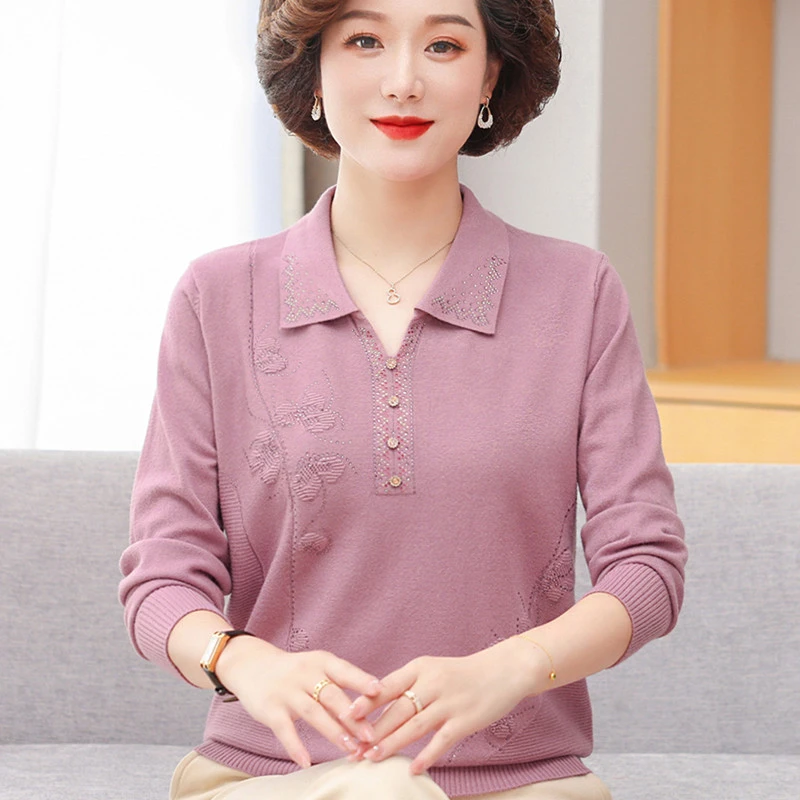 妈妈装翻领薄款针织衫上衣40岁50中老年女春秋薄毛衣洋气打底小衫