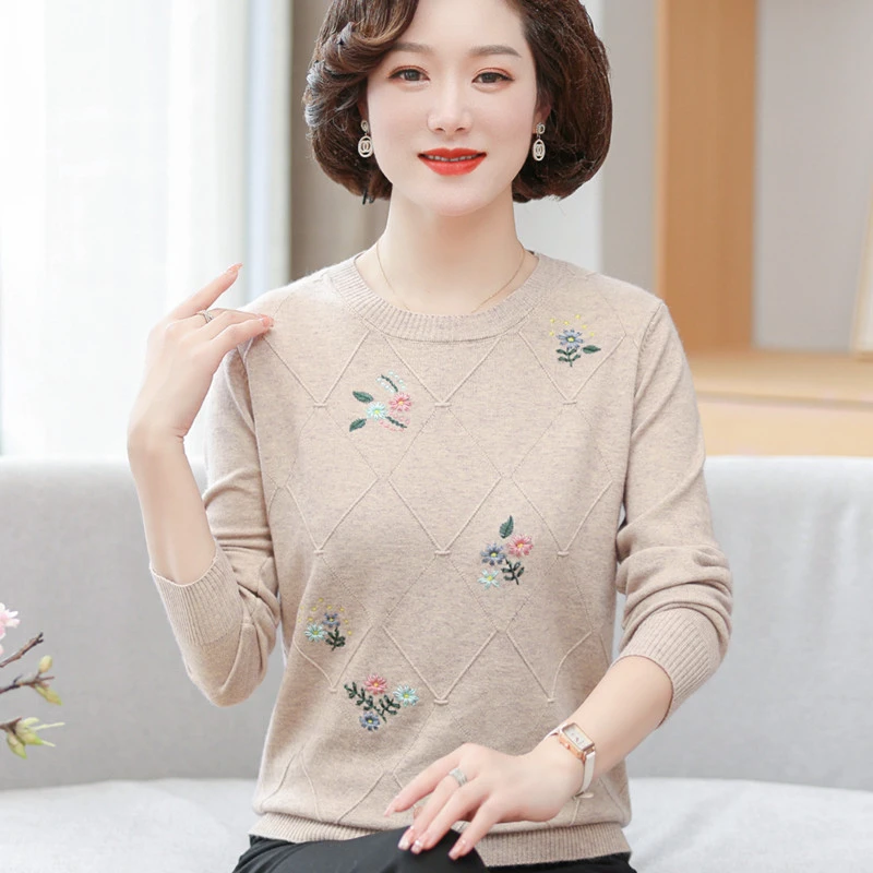 妈妈秋装毛衣打底小衫中年妇女薄款T恤中老年人春秋洋气长袖上衣