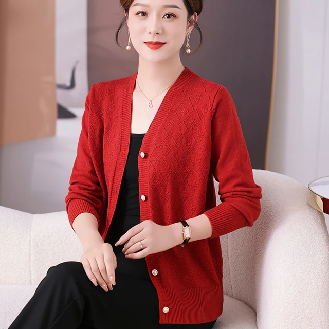 中年时尚妈妈秋装上衣外套2024新款中老年人女装春秋薄款针织开衫