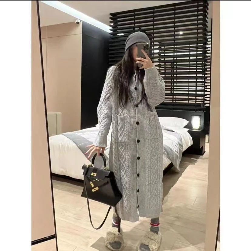 过膝长款灰色慵懒风开衫毛衣女冬季高领宽松长袖外套针织衫女