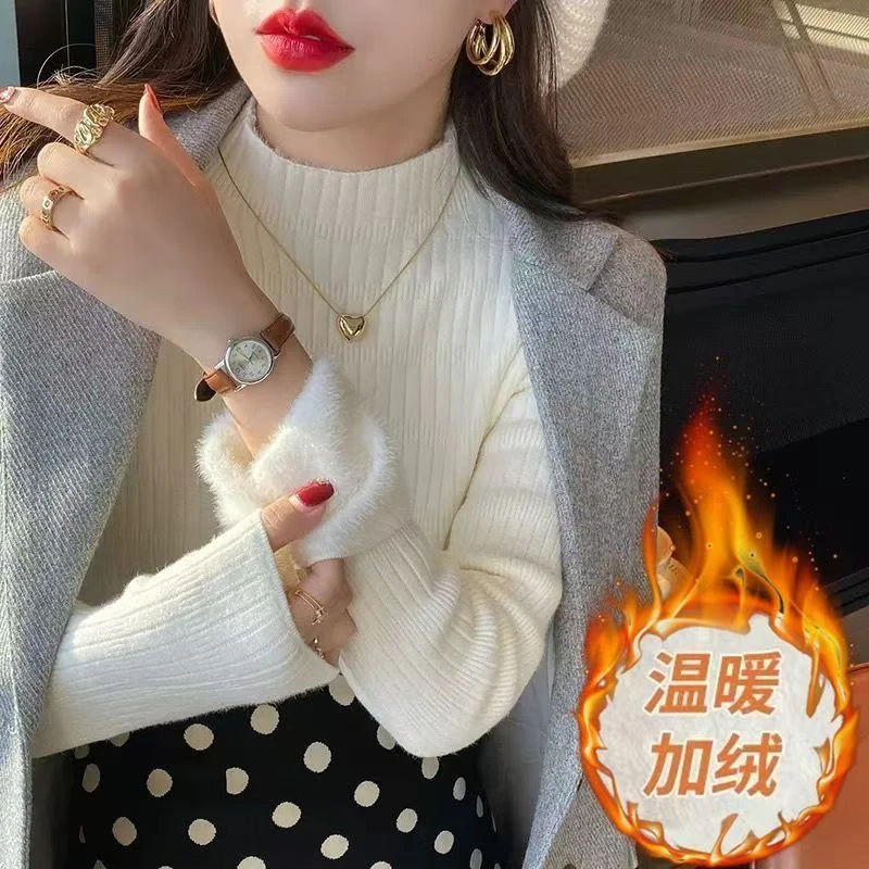 Z【大码女装】秋冬加绒毛衣打底衫半高领加绒保暖一体绒针织上衣