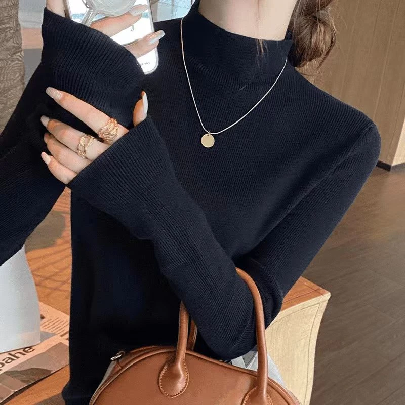 秋季长袖针织衫女半高领打底衫内搭秋冬季短款长袖修身显瘦毛衣女