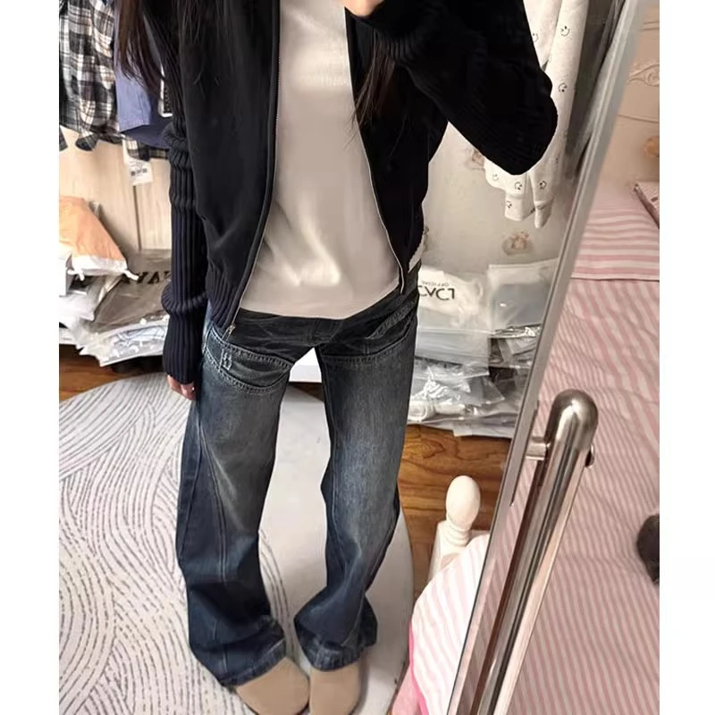 高个子加长美式复古低腰牛仔裤女春夏新款设计感阔腿拖地微喇裤子