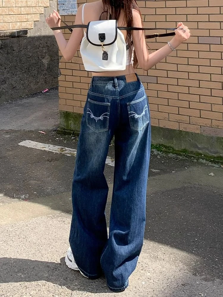 深蓝色美式阔腿牛仔裤女2024秋季新款高腰显瘦刺绣宽松拖地直筒裤
