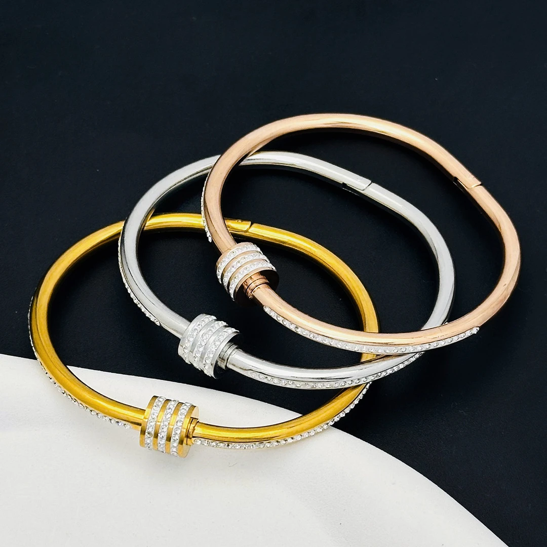 钛钢手镯 满钻小蛮腰钛钢手镯i女ns玫瑰金简约镶钻镀金