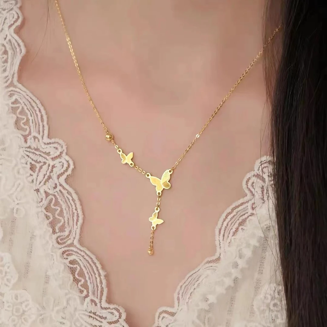 钛钢项链 钛钢项链三只蝴蝶流苏项链女精致百搭高级锁骨链
