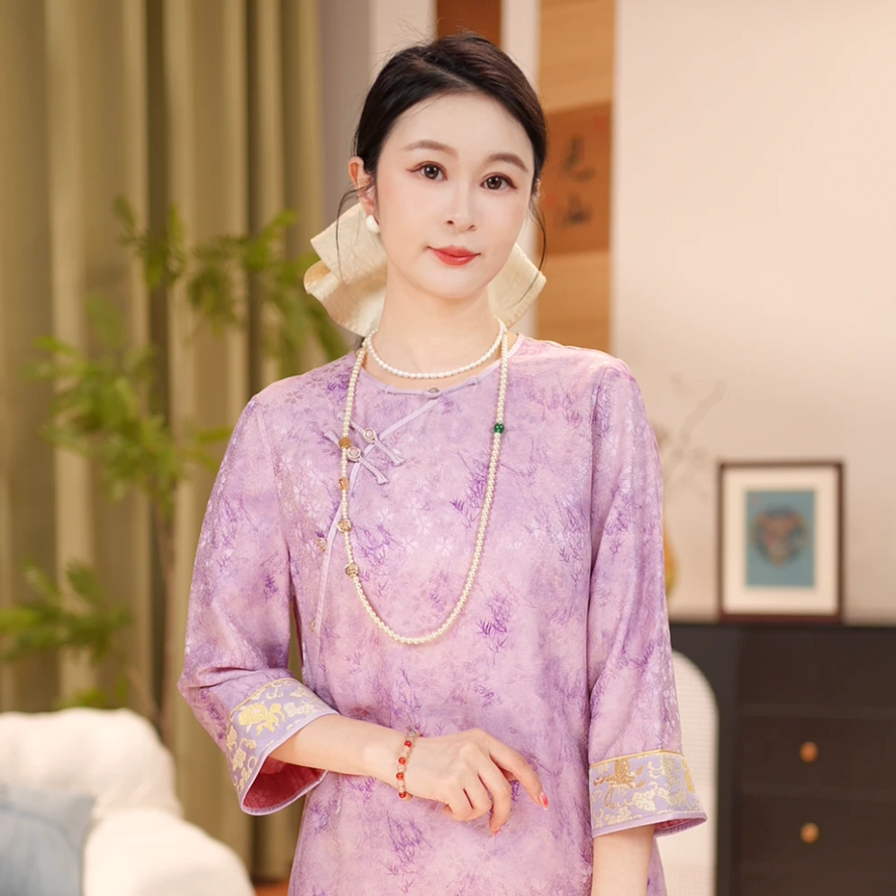 【贺贺·清韵】红人上新桑蚕丝拼接宋锦长袖连衣裙旗袍秋冬J1515