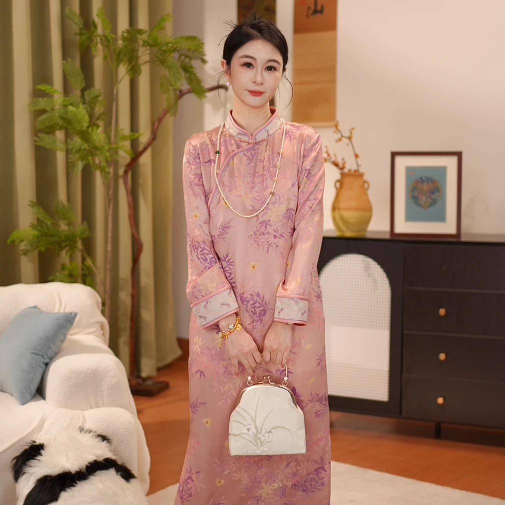 【贺贺·枫林晚】桑蚕丝拼接宋锦女装连衣裙旗袍春风雅韵旗袍J3064C