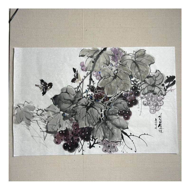 孤品原稿纯手绘朝鲜画家纸本彩墨画（葡萄）