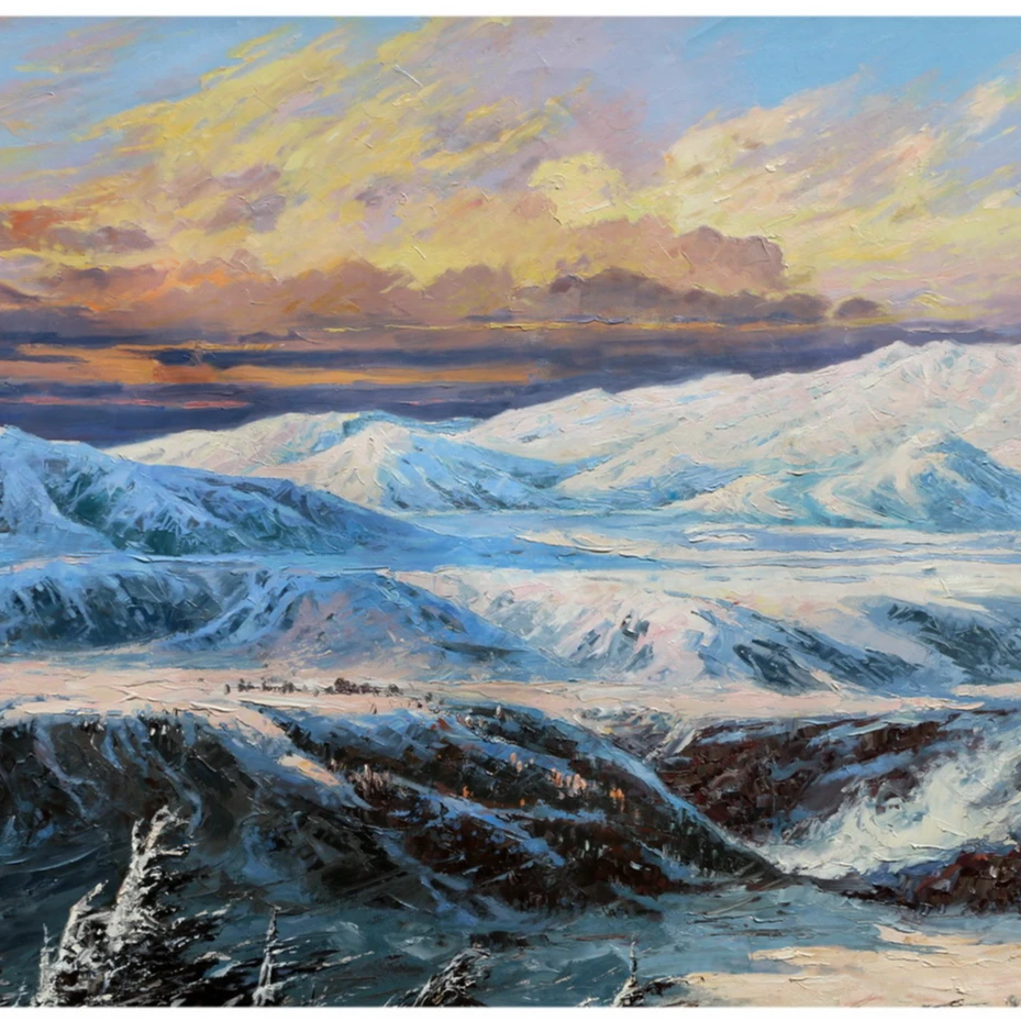 朝鲜贴墙油画风景画客厅挂画2.3米金贤国《北境之光》