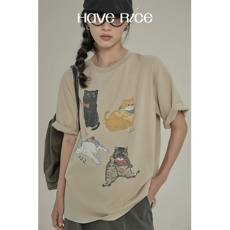 【猫咪全家福T恤】猫咪图鉴 原创手绘复古猫猫印花精梳棉宽松T恤