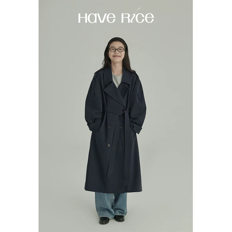 【廓形大翻领风衣】秋日蓝调 复古气场感藏蓝色休闲大翻领廓形风衣