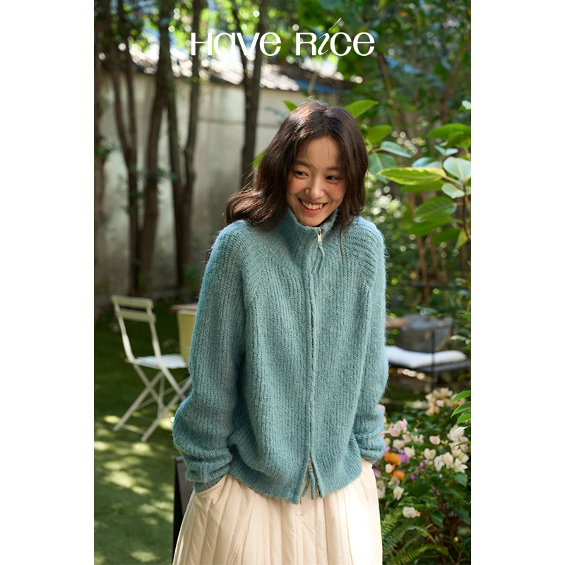 【海街日记毛衣】羊毛韩系文艺百搭软糯蓝色双拉链毛衣开衫