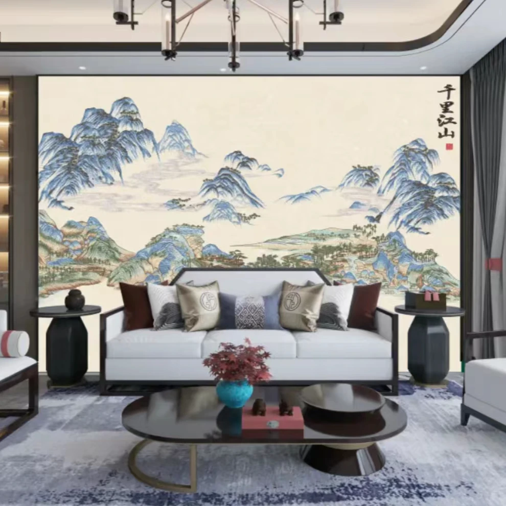 独绣沙发电视背景墙玄关墙布卧室山水墙布新中式背景壁布千里江山