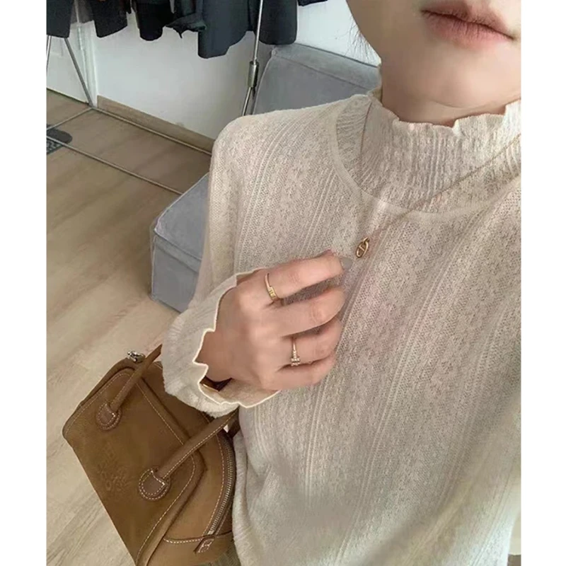 半高领蕾丝提花打底衫女针织衫秋装新款时尚洋气宽松内搭气质上衣