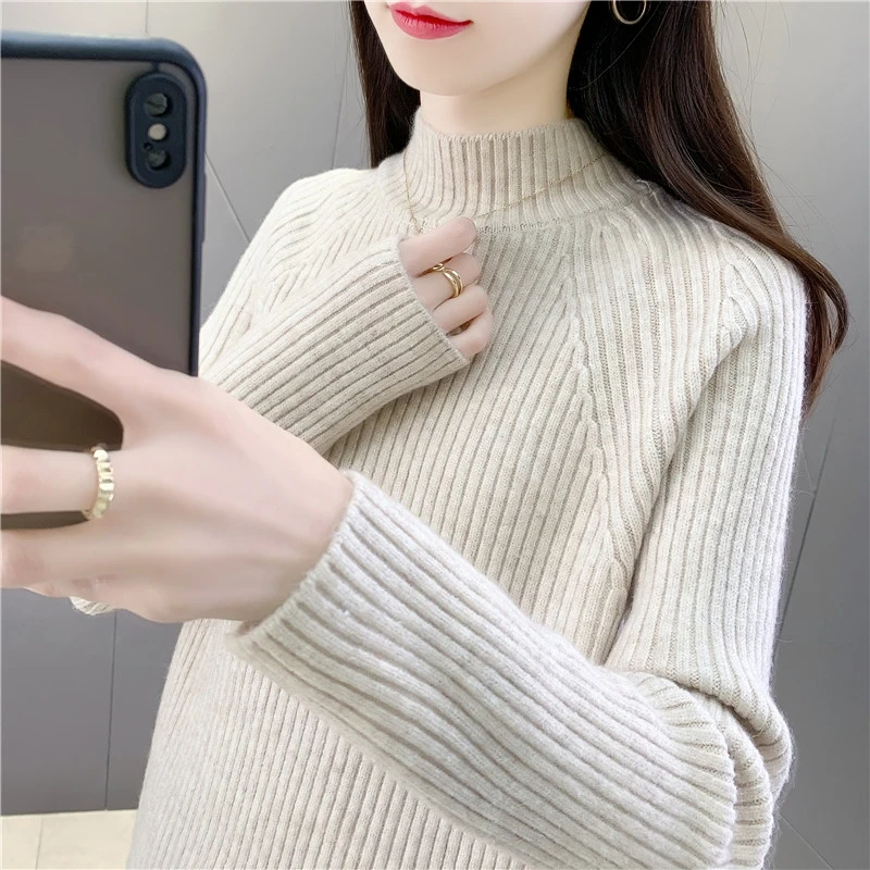 半高领纯色毛衣女秋冬新款宽松插肩袖针织打底衫